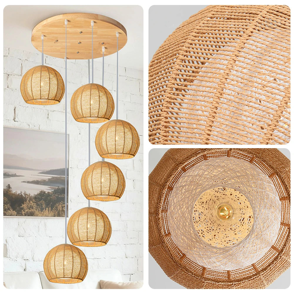 LIVARA 30cm 3/6-Head Hemp Rope Pendant Light, Handcrafted Round Lampshade with E27 Bulb Holder, Natural Woven Ceiling Lighting for Living & Dining Rooms - Wood Finish