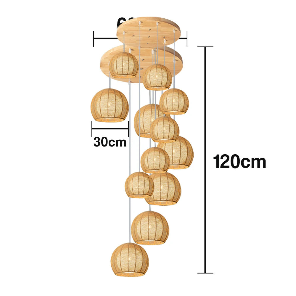 LIVARA 30cm 3/6-Head Hemp Rope Pendant Light, Handcrafted Round Lampshade with E27 Bulb Holder, Natural Woven Ceiling Lighting for Living & Dining Rooms - Wood Finish