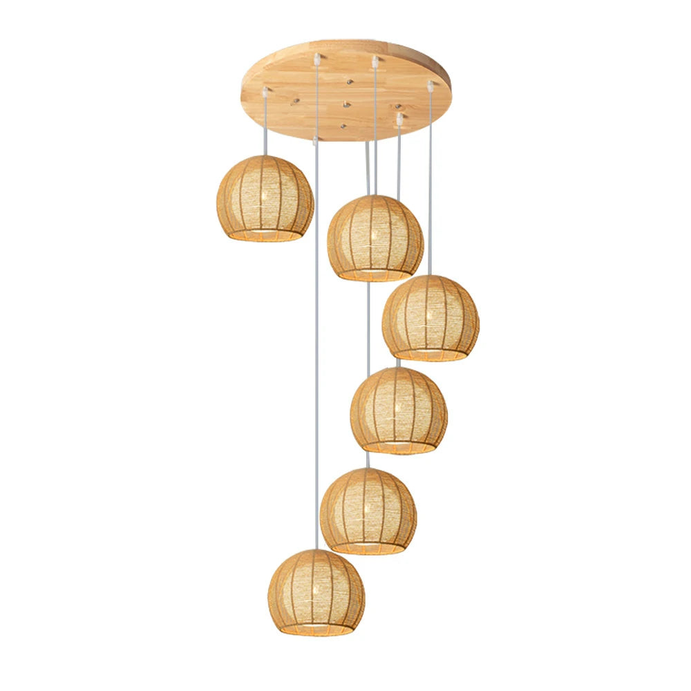 LIVARA 30cm 3/6-Head Hemp Rope Pendant Light, Handcrafted Round Lampshade with E27 Bulb Holder, Natural Woven Ceiling Lighting for Living & Dining Rooms - Wood Finish