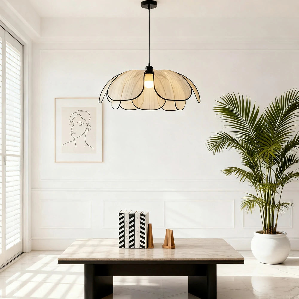 LIVARA 50/80/100cm Petal Pendant Light, Natural Plant Fiber Lampshade with E27 LED Bulb Included, Handcrafted Eco-Friendly Ceiling Light - Beige