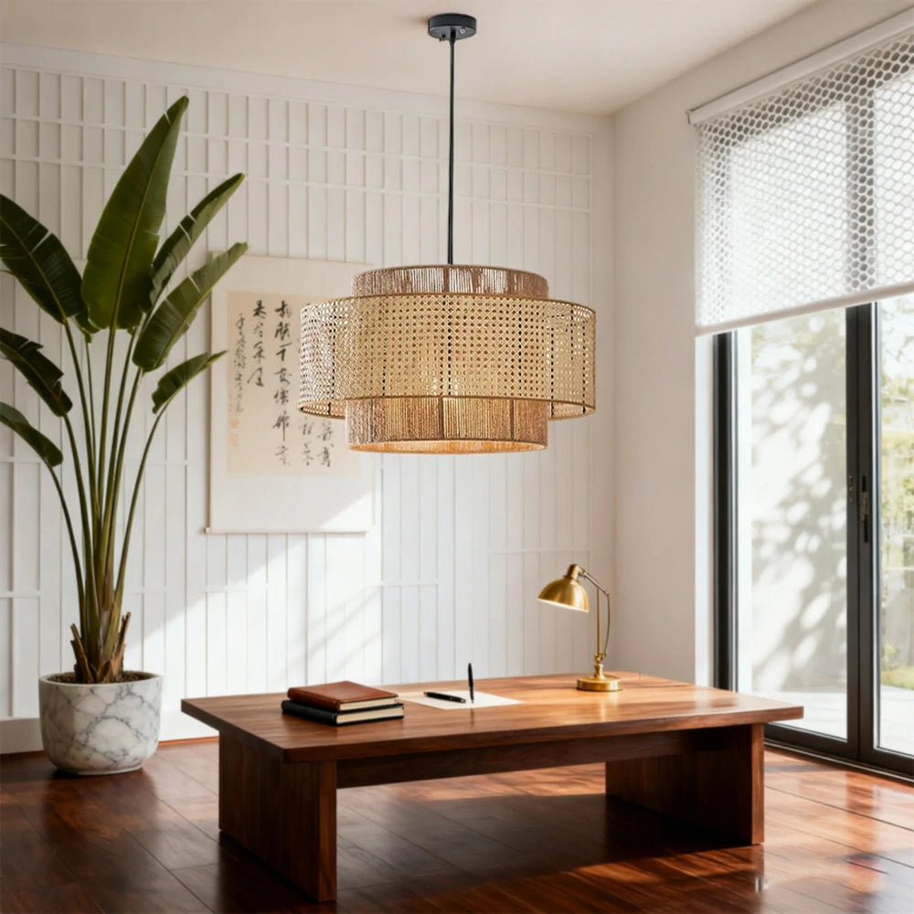 LIVARA 40/60/80cm Hemp Rope & Rattan Pendant Light, Double-Layer Handwoven Lampshade with E27 LED Bulb Included, Natural Woven Ceiling Light - Beige