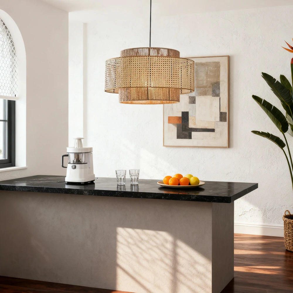 LIVARA 40/60/80cm Hemp Rope & Rattan Pendant Light, Double-Layer Handwoven Lampshade with E27 LED Bulb Included, Natural Woven Ceiling Light - Beige