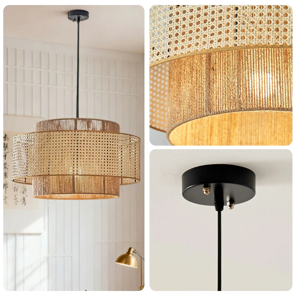 LIVARA 40/60/80cm Hemp Rope & Rattan Pendant Light, Double-Layer Handwoven Lampshade with E27 LED Bulb Included, Natural Woven Ceiling Light - Beige