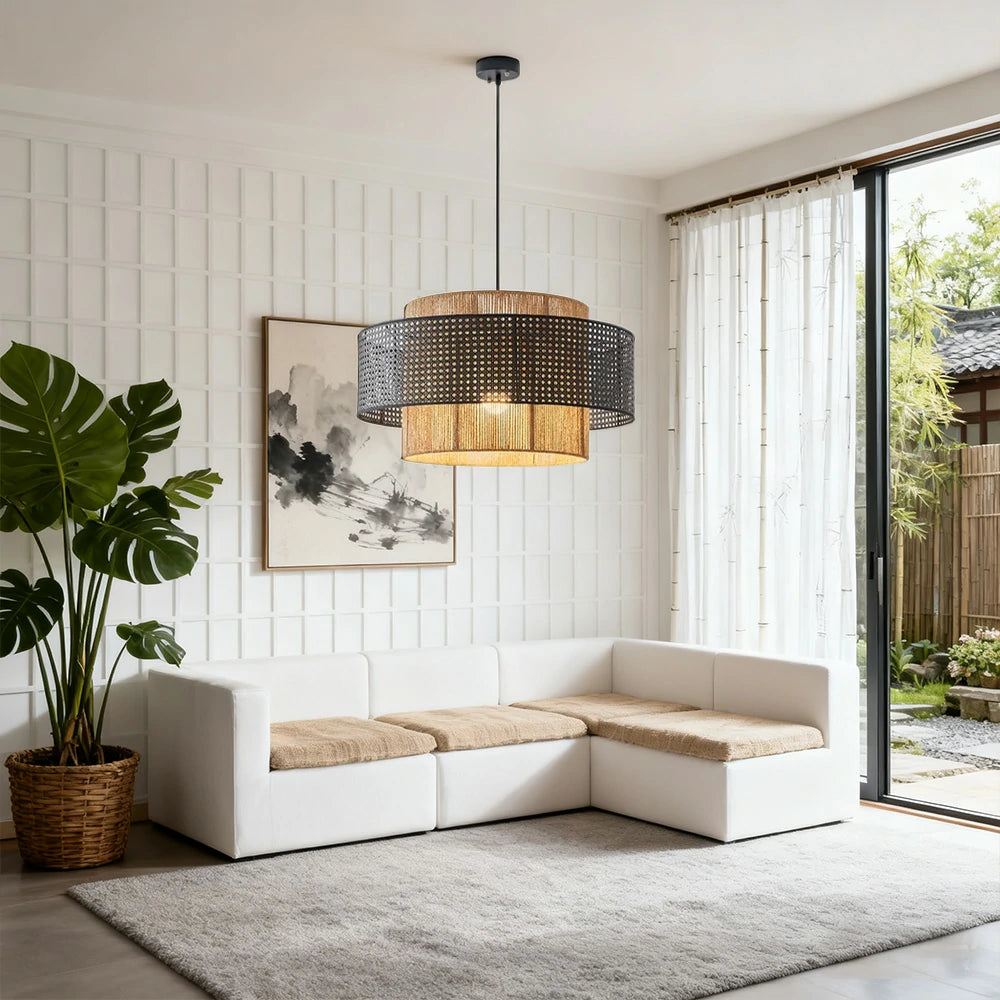 LIVARA 40/60/80cm Hemp Rope & Rattan Pendant Light, Double-Layer Handwoven Lampshade with E27 LED Bulb Included, Natural Woven Ceiling Light - Black