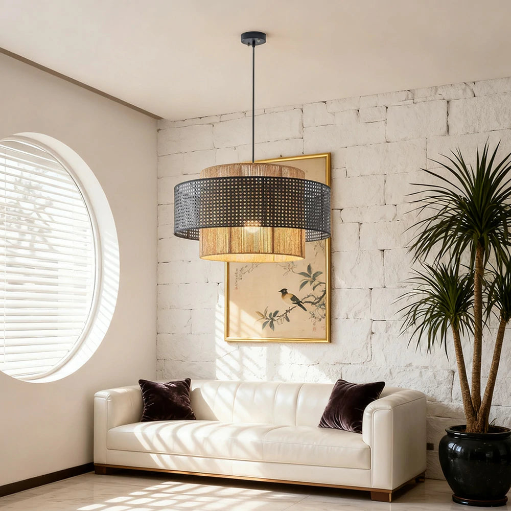 LIVARA 40/60/80cm Hemp Rope & Rattan Pendant Light, Double-Layer Handwoven Lampshade with E27 LED Bulb Included, Natural Woven Ceiling Light - Black