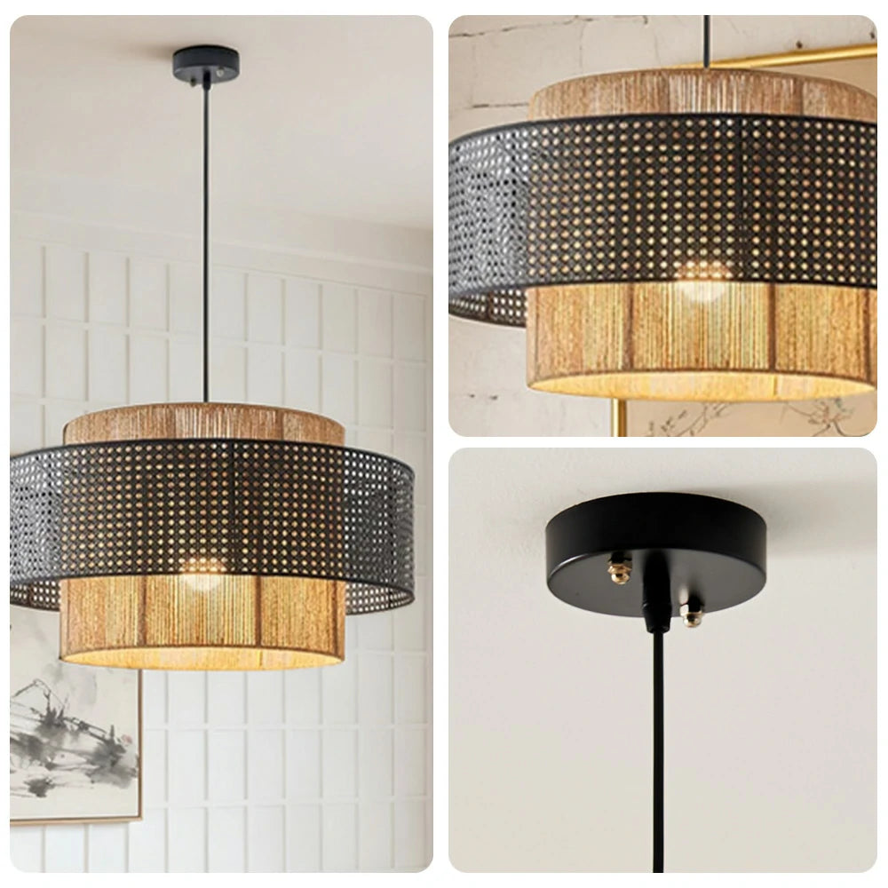 LIVARA 40/60/80cm Hemp Rope & Rattan Pendant Light, Double-Layer Handwoven Lampshade with E27 LED Bulb Included, Natural Woven Ceiling Light - Black