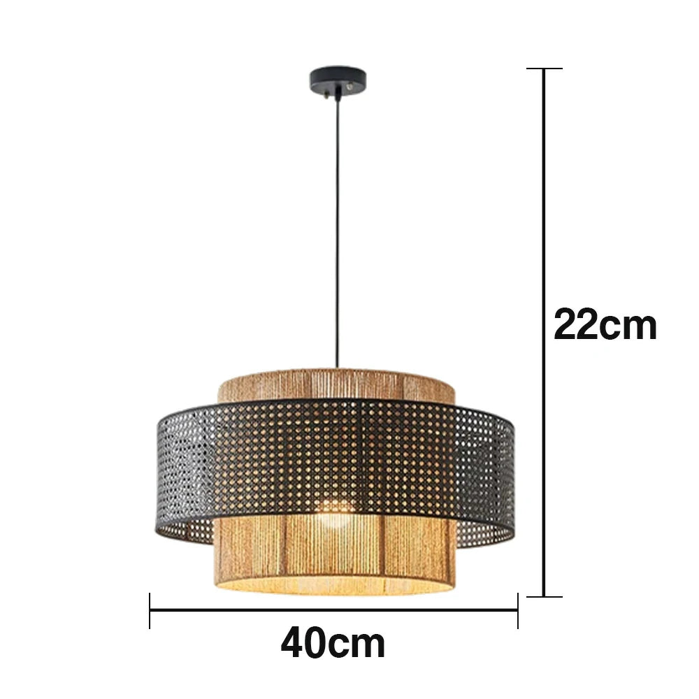 LIVARA 40/60/80cm Hemp Rope & Rattan Pendant Light, Double-Layer Handwoven Lampshade with E27 LED Bulb Included, Natural Woven Ceiling Light - Black