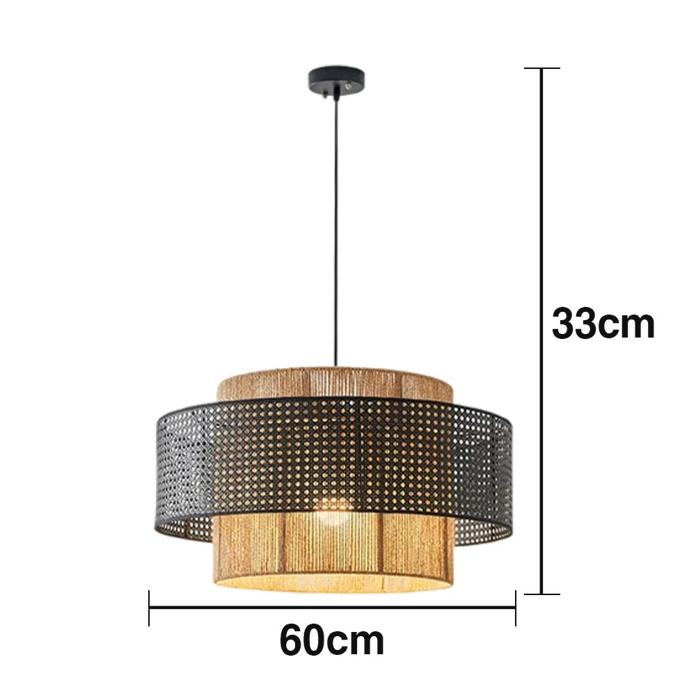 LIVARA 40/60/80cm Hemp Rope & Rattan Pendant Light, Double-Layer Handwoven Lampshade with E27 LED Bulb Included, Natural Woven Ceiling Light - Black