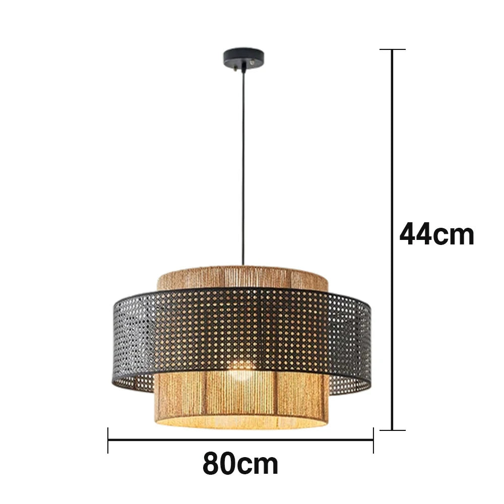 LIVARA 40/60/80cm Hemp Rope & Rattan Pendant Light, Double-Layer Handwoven Lampshade with E27 LED Bulb Included, Natural Woven Ceiling Light - Black