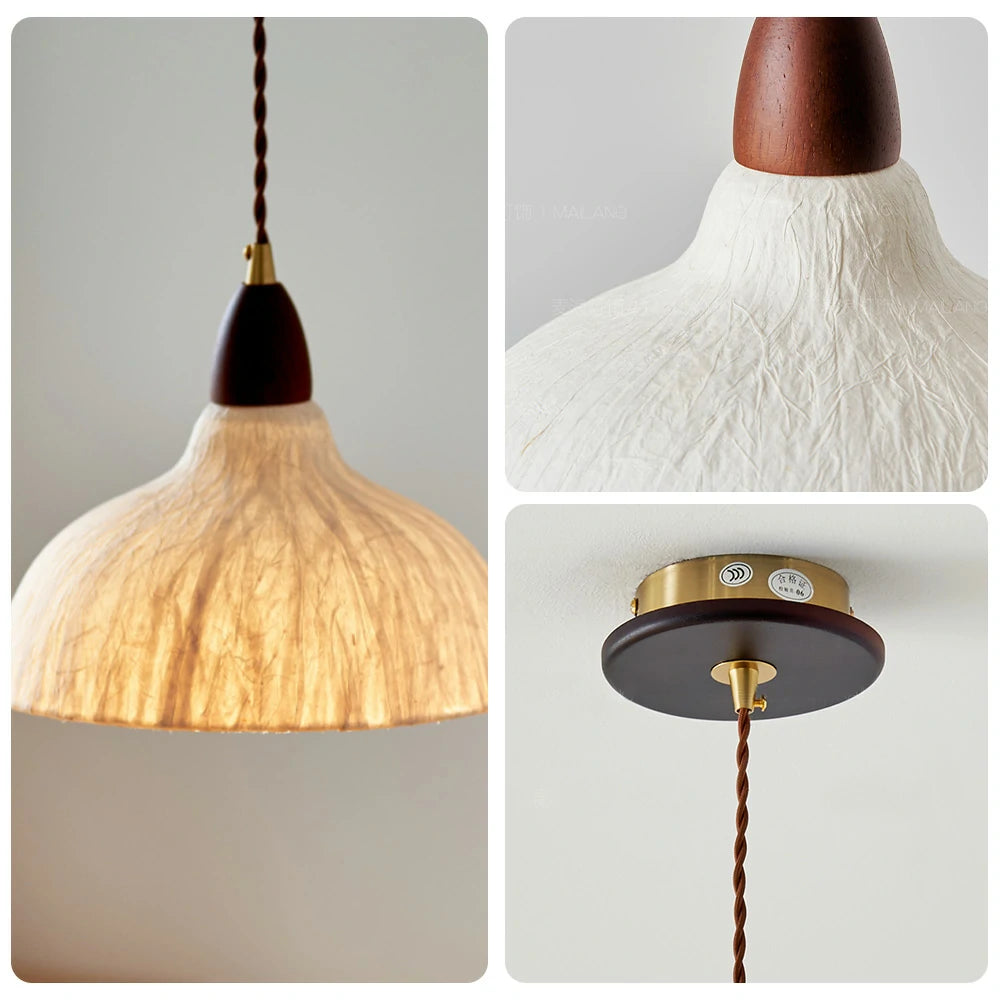 LIVARA 25/35cm Handmade Rice Paper Pendant Light, Natural Wood Holder with E27 LED Bulb Included, Eco-Friendly Japanese Wabi-Sabi Style Ceiling Lamp - Beige