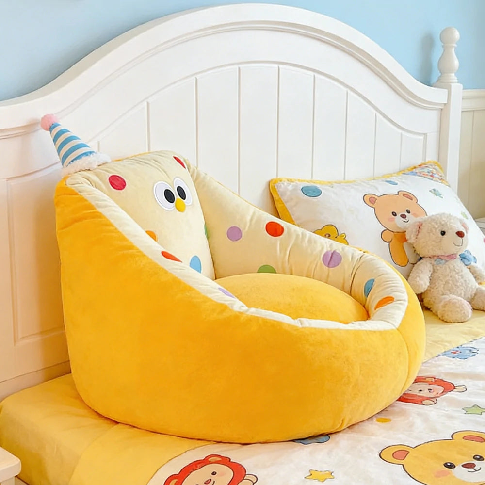 LIVARA 45/55cm Floor Seat Cushion, Wraparound Support Design, Plush Filled Core, Yellow Polka Dot Pattern, Non-Slip Base