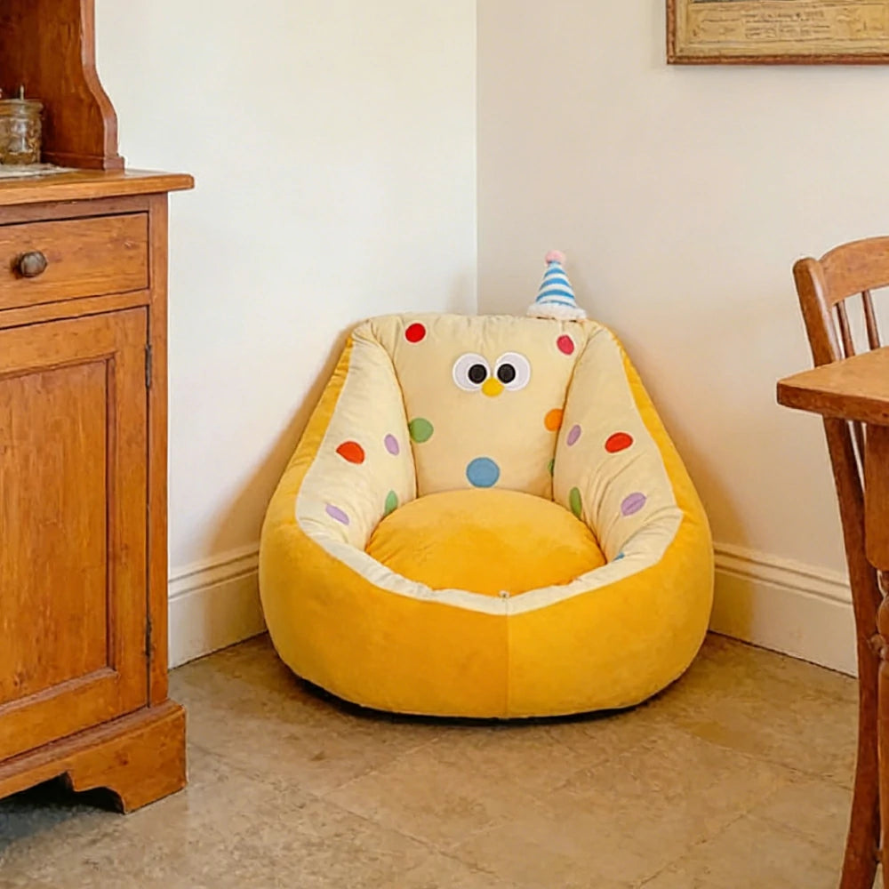 LIVARA 45/55cm Floor Seat Cushion, Wraparound Support Design, Plush Filled Core, Yellow Polka Dot Pattern, Non-Slip Base