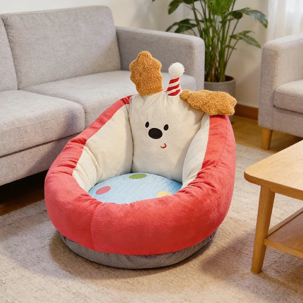 LIVARA 50/60cm Floor Seat Cushion, Wraparound Support Design, Plush Filled Core, Red Happy Dog Pattern, Non-Slip Base