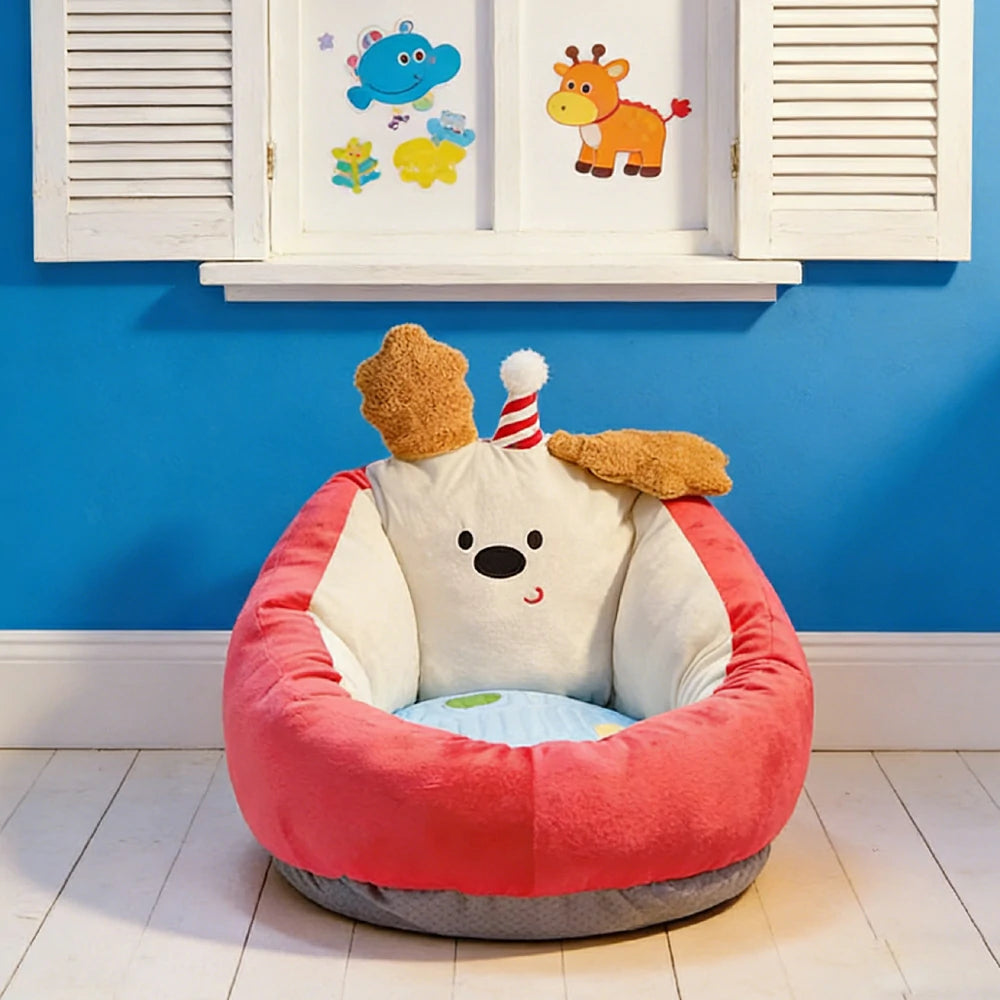 LIVARA 50/60cm Floor Seat Cushion, Wraparound Support Design, Plush Filled Core, Red Happy Dog Pattern, Non-Slip Base