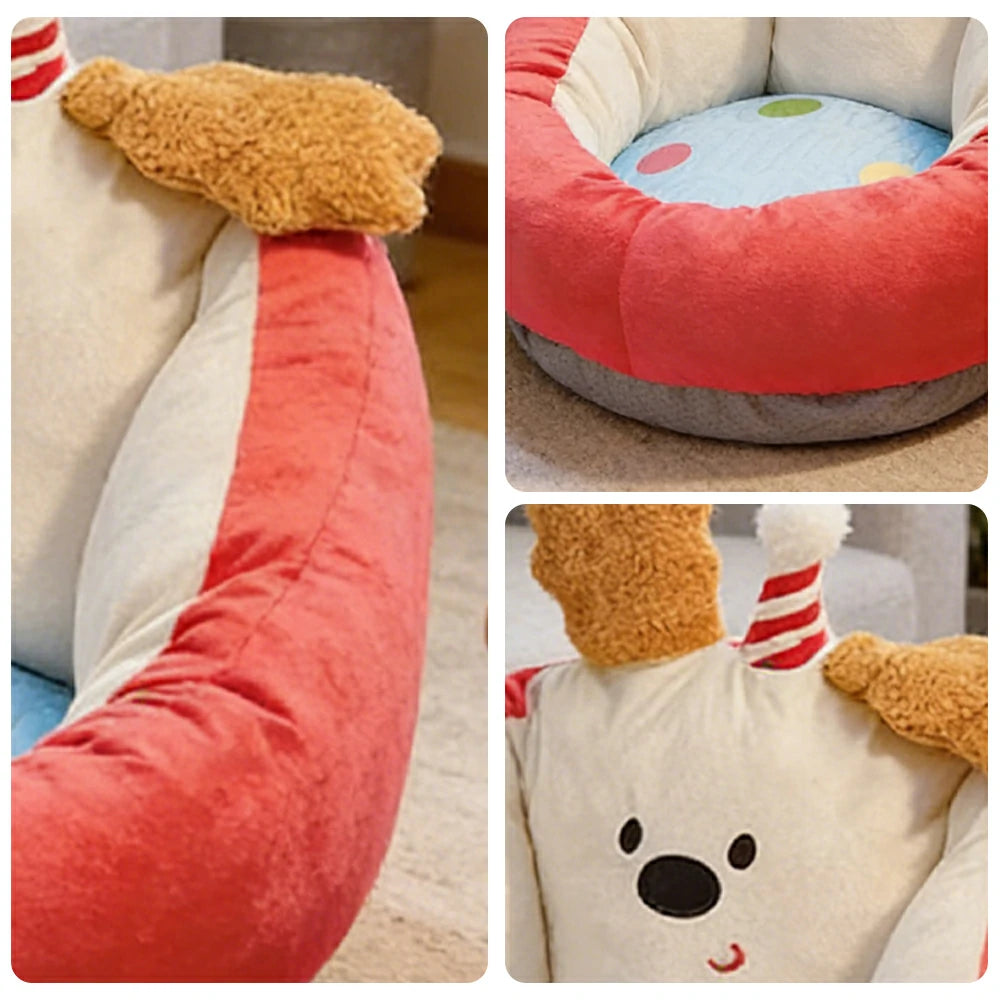 LIVARA 50/60cm Floor Seat Cushion, Wraparound Support Design, Plush Filled Core, Red Happy Dog Pattern, Non-Slip Base