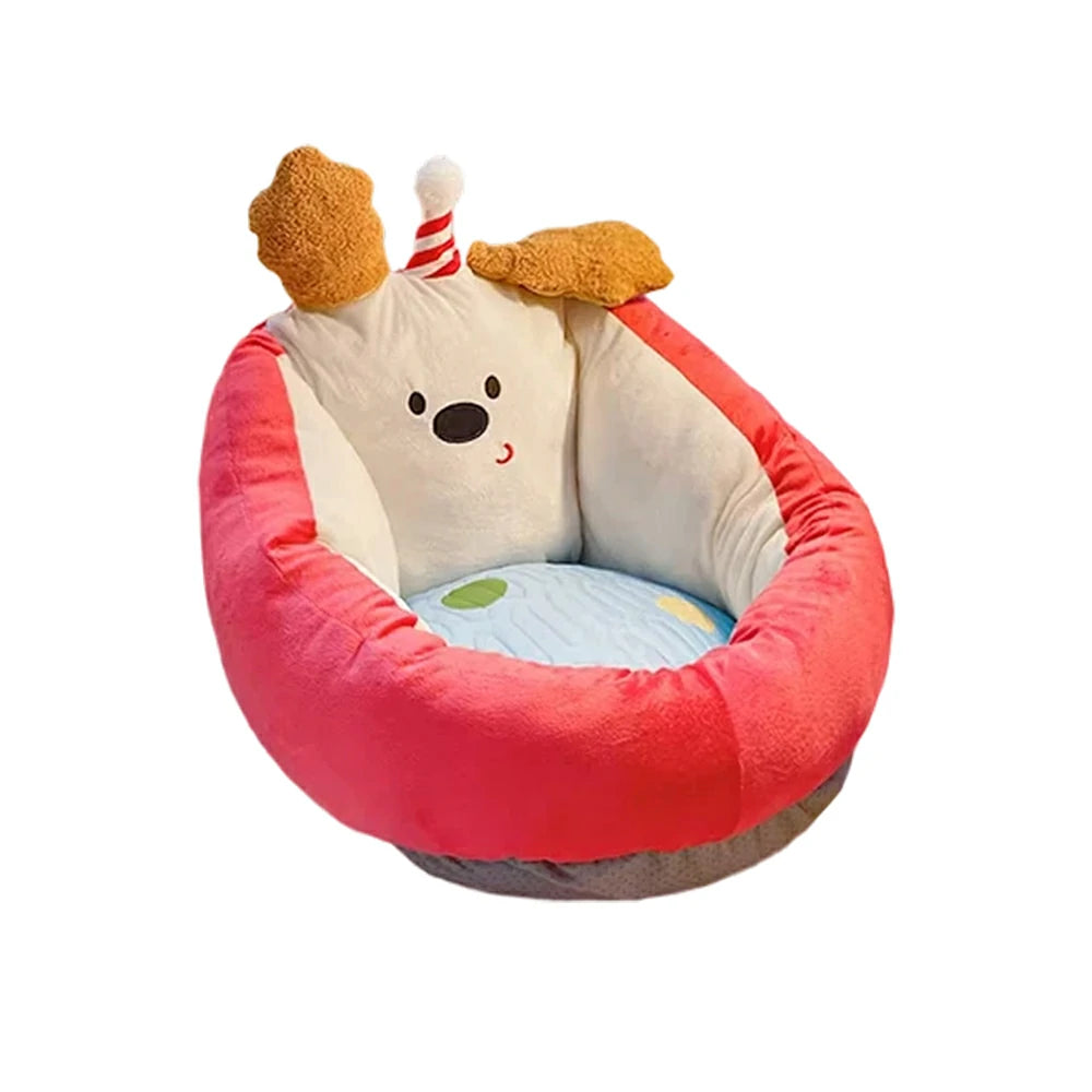 LIVARA 50/60cm Floor Seat Cushion, Wraparound Support Design, Plush Filled Core, Red Happy Dog Pattern, Non-Slip Base