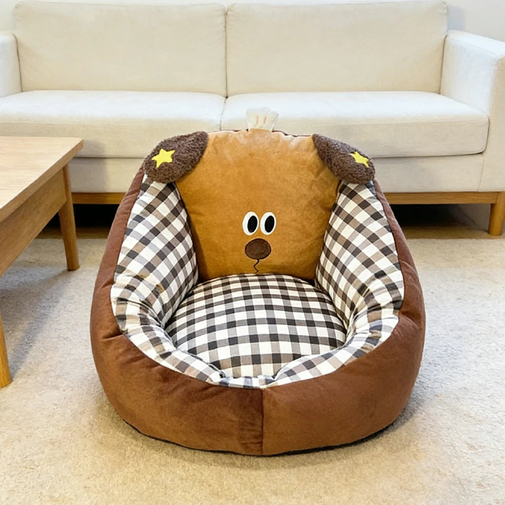 LIVARA 50/60cm Floor Seat Cushion, Wraparound Support Design, Plush Filled Core, Brown Puppy Pattern, Non-Slip Base