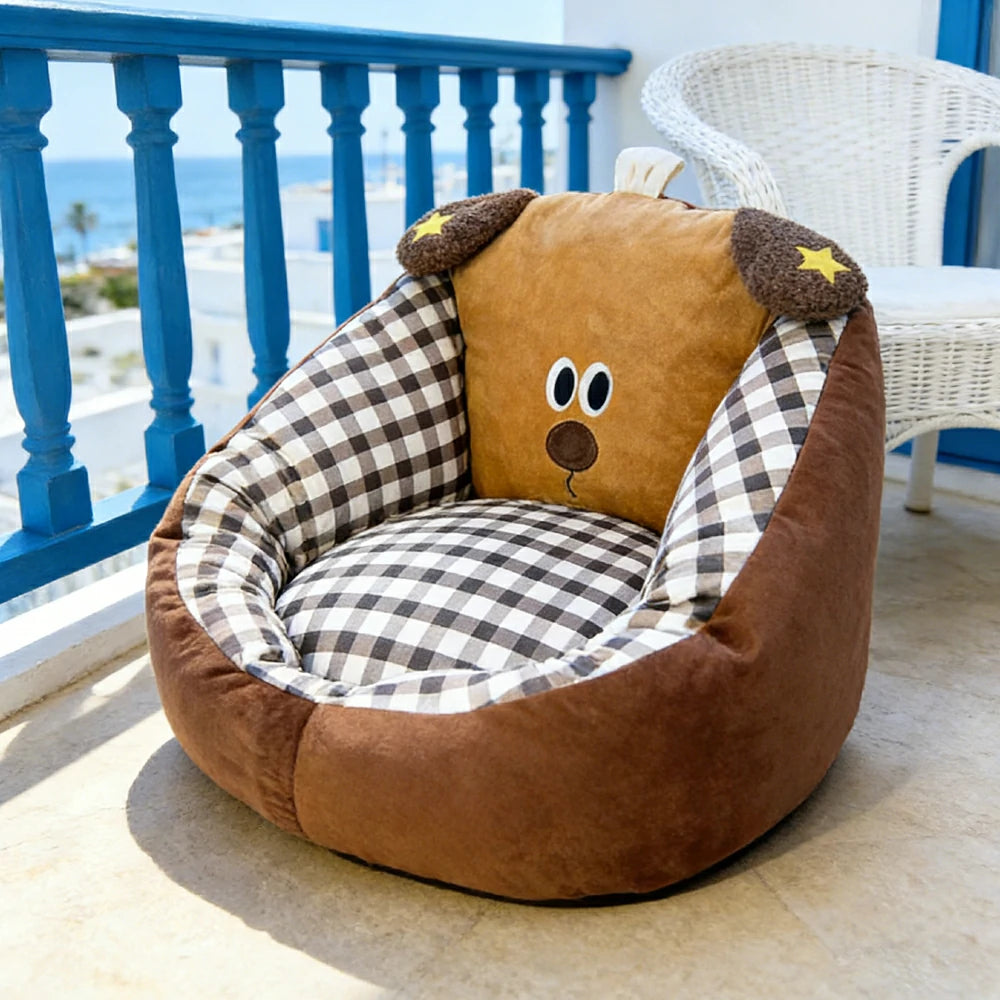 LIVARA 50/60cm Floor Seat Cushion, Wraparound Support Design, Plush Filled Core, Brown Puppy Pattern, Non-Slip Base