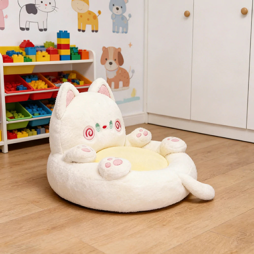 LIVARA Floor Seat Cushion, Wraparound Support Design, Plush Filled Core, Cute Cat Pattern, Non-Slip Base - White