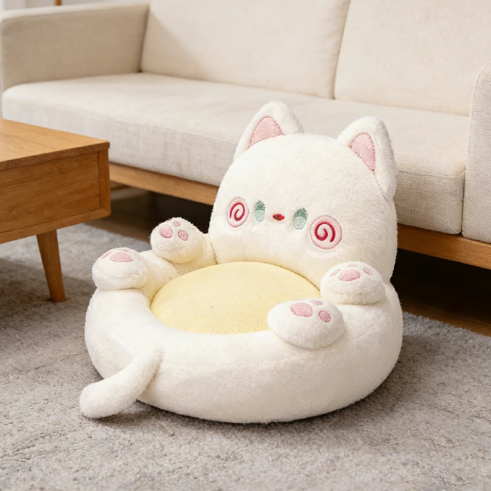 LIVARA Floor Seat Cushion, Wraparound Support Design, Plush Filled Core, Cute Cat Pattern, Non-Slip Base - White