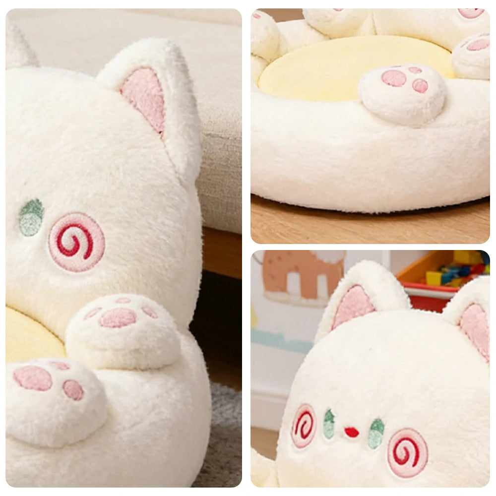 LIVARA Floor Seat Cushion, Wraparound Support Design, Plush Filled Core, Cute Cat Pattern, Non-Slip Base - White