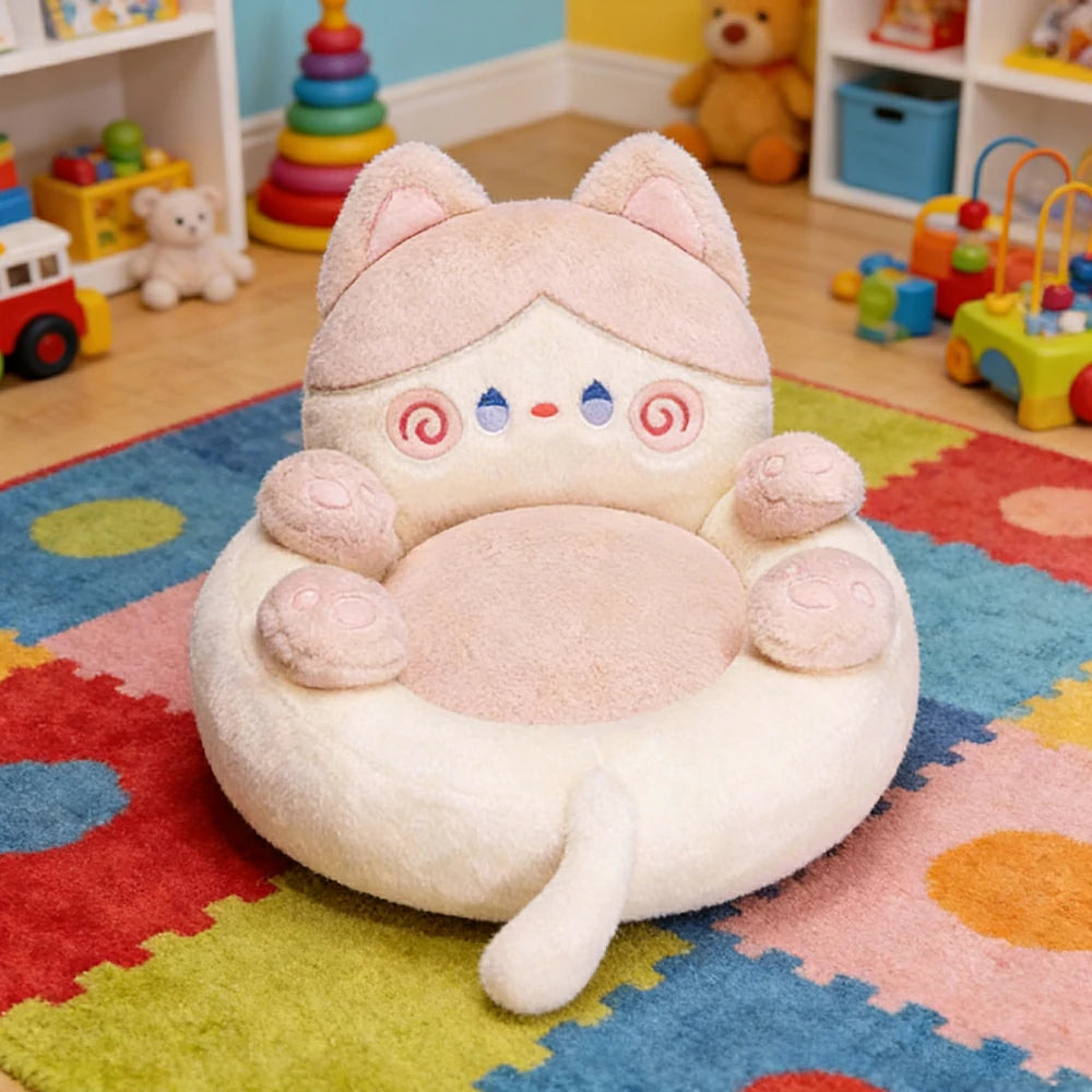 LIVARA Floor Seat Cushion, Wraparound Support Design, Plush Filled Core, Cute Cat Pattern, Non-Slip Base - White&Pink