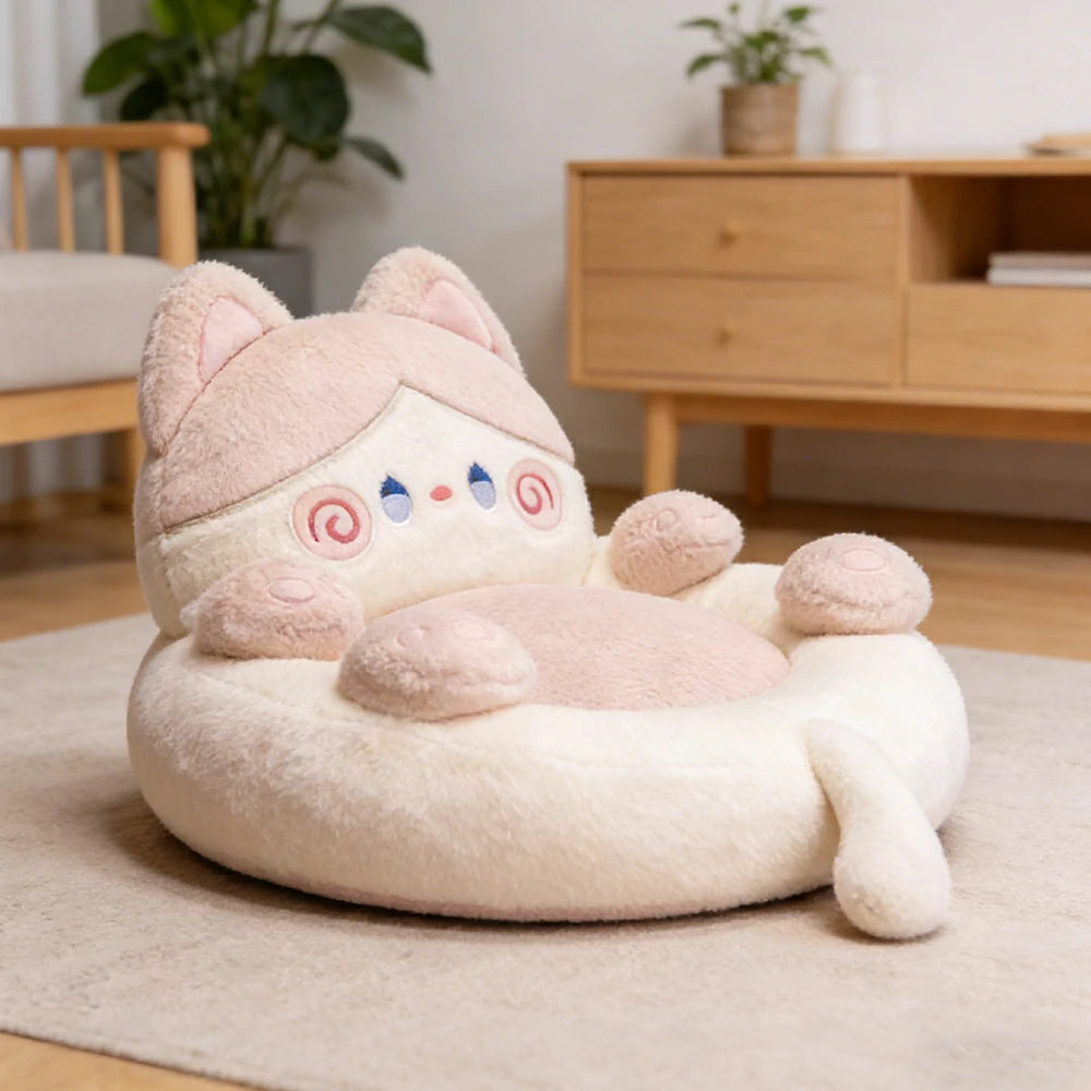 LIVARA Floor Seat Cushion, Wraparound Support Design, Plush Filled Core, Cute Cat Pattern, Non-Slip Base - White&Pink