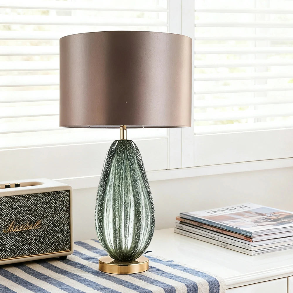 LIVARA 58/65cm Table Lamp Handcrafted Natural Glass Metal-Painted Shade E27 Socket Soft Comfortable Lighting