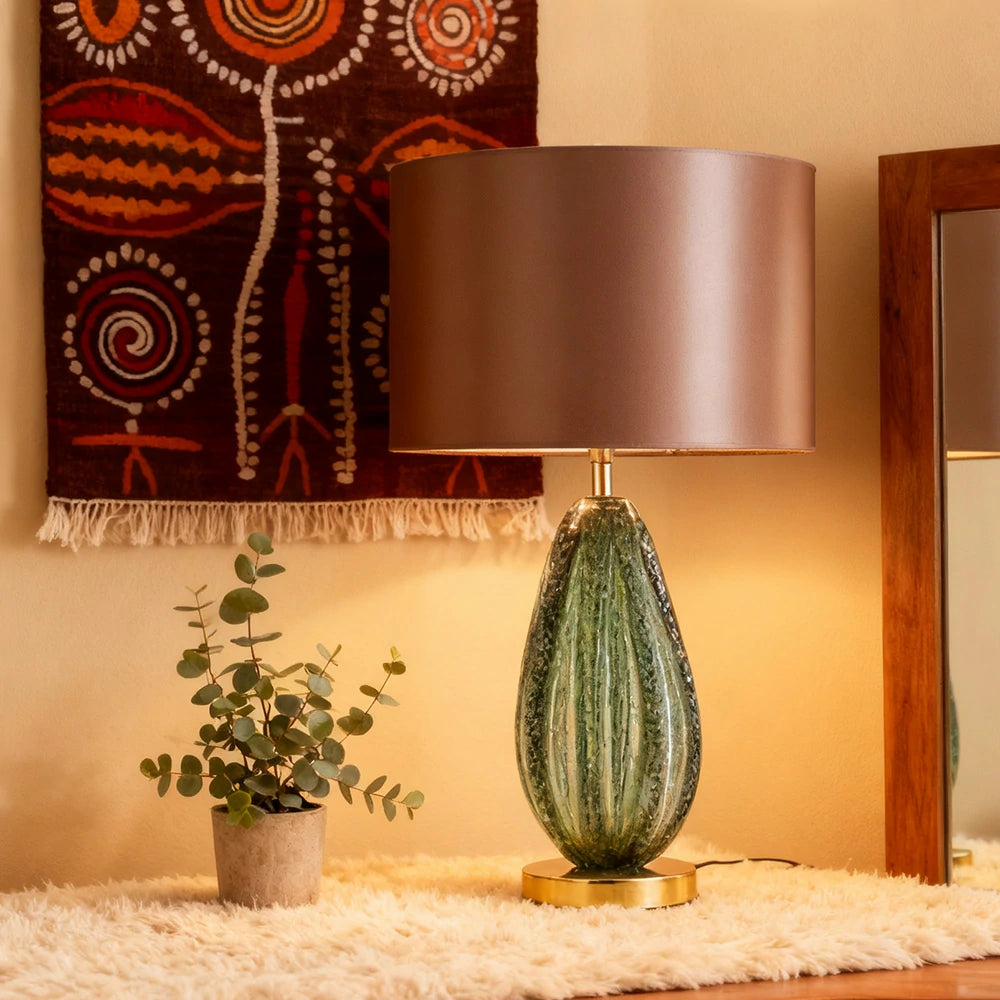 LIVARA 58/65cm Table Lamp Handcrafted Natural Glass Metal-Painted Shade E27 Socket Soft Comfortable Lighting