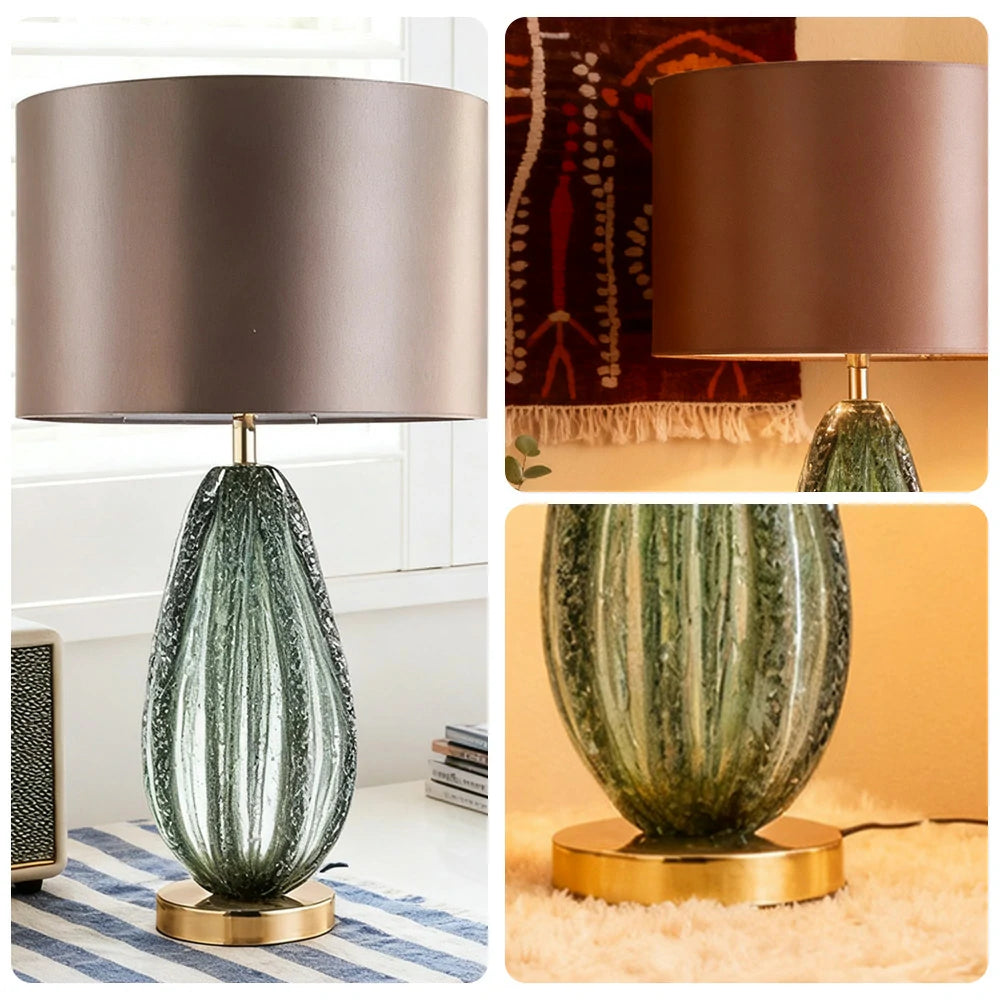 LIVARA 58/65cm Table Lamp Handcrafted Natural Glass Metal-Painted Shade E27 Socket Soft Comfortable Lighting