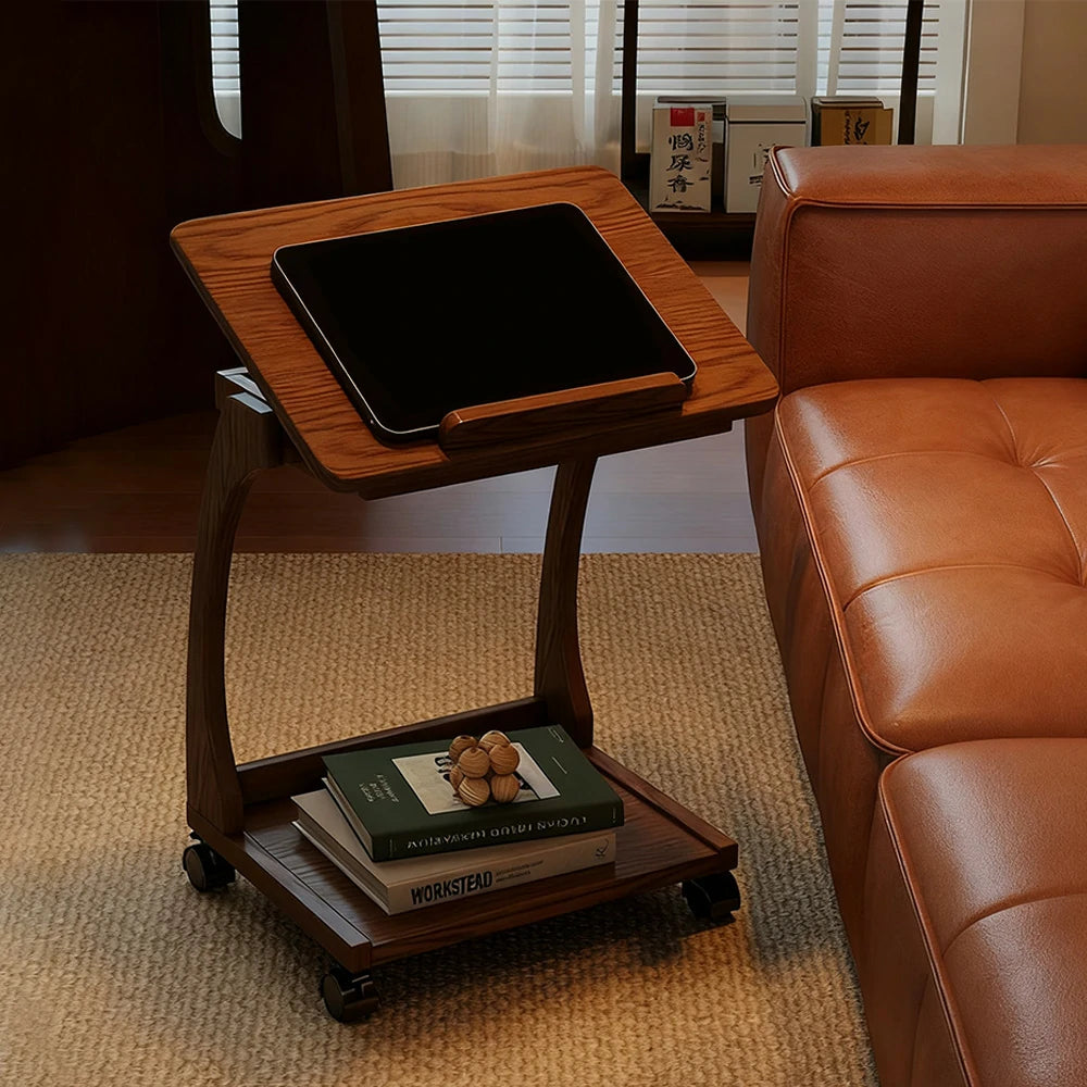 LIVARA 40cm Flip-Top C-Shaped Side Table, Solid Rubberwood Frame, Adjustable Angles, Multi-Tier Storage, Lockable Wheels, iPad & Laptop Holder - Brown