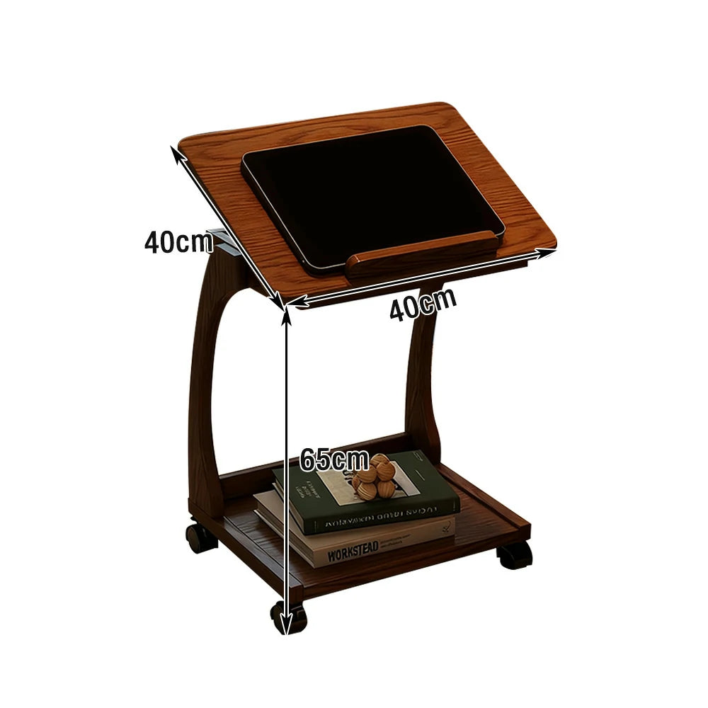 LIVARA 40cm Flip-Top C-Shaped Side Table, Solid Rubberwood Frame, Adjustable Angles, Multi-Tier Storage, Lockable Wheels, iPad & Laptop Holder - Brown