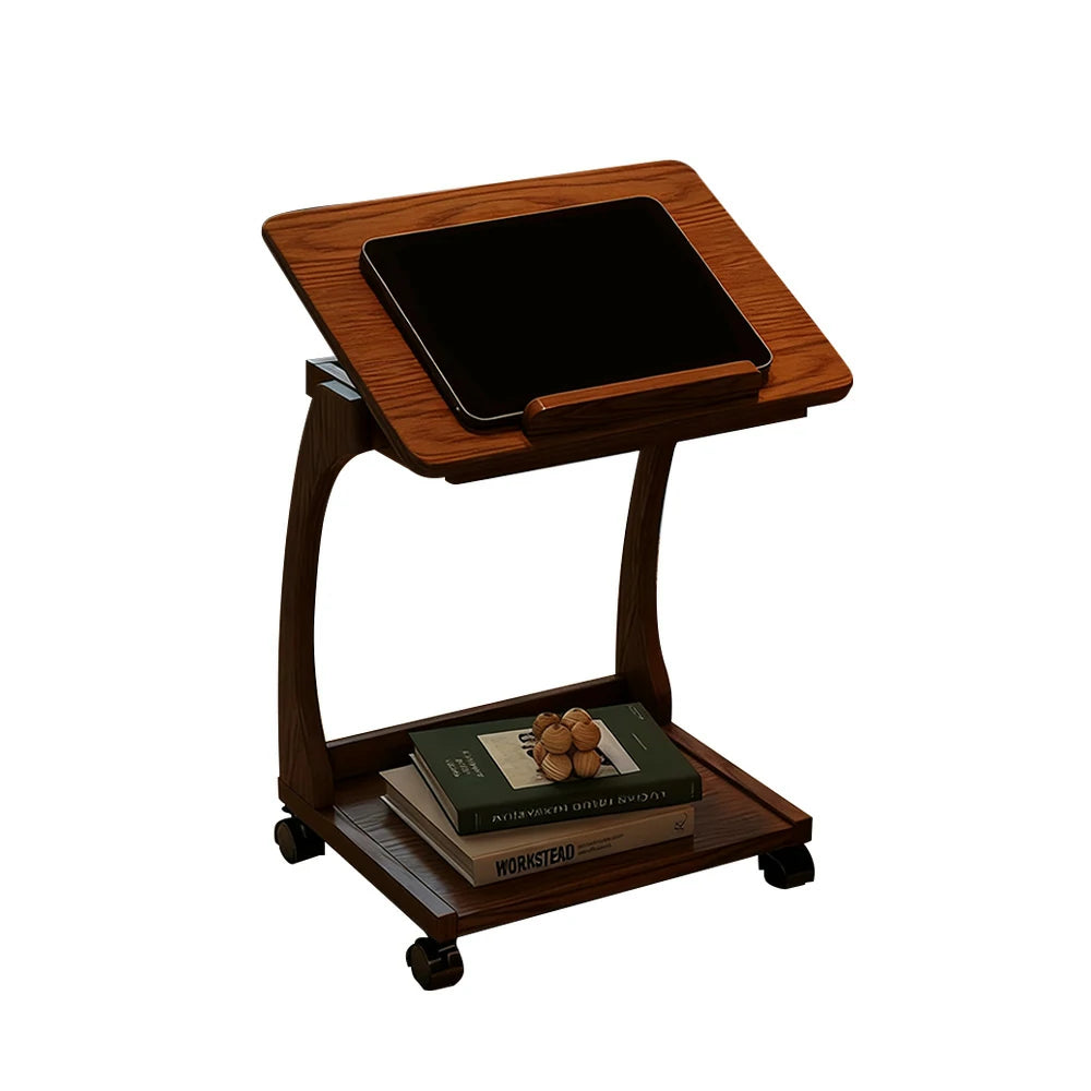 LIVARA 40cm Flip-Top C-Shaped Side Table, Solid Rubberwood Frame, Adjustable Angles, Multi-Tier Storage, Lockable Wheels, iPad & Laptop Holder - Brown