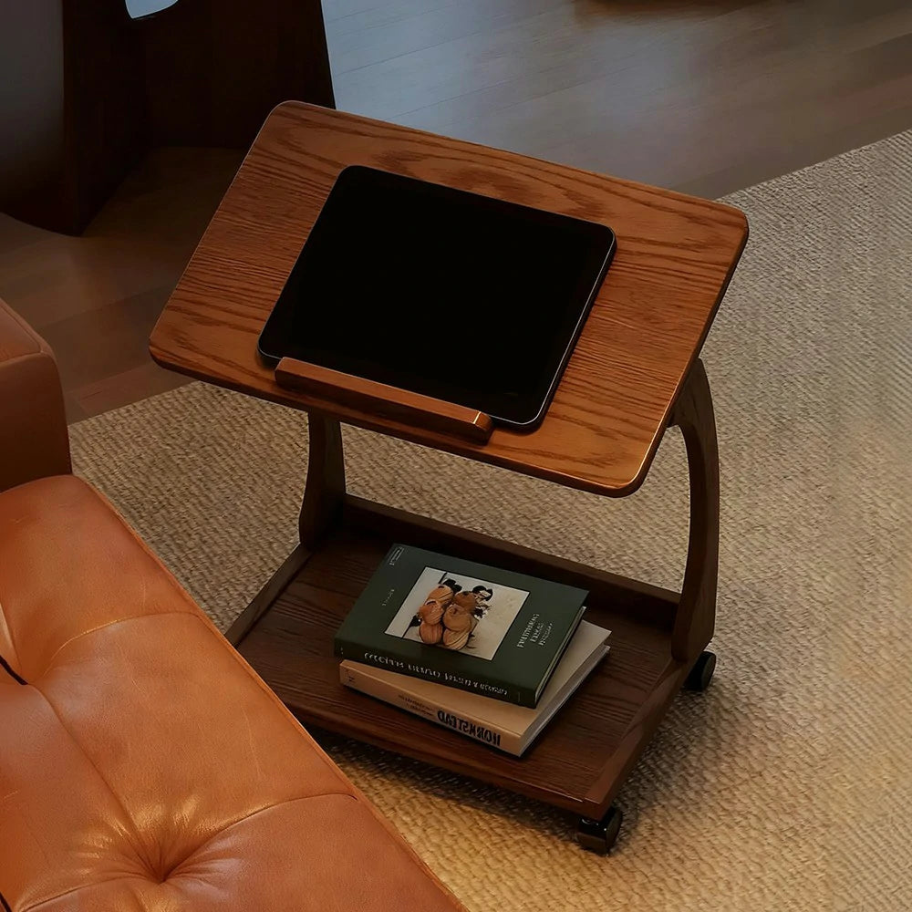 LIVARA 40cm Flip-Top C-Shaped Side Table, Solid Rubberwood Frame, Adjustable Angles, Multi-Tier Storage, Lockable Wheels, iPad & Laptop Holder - Brown