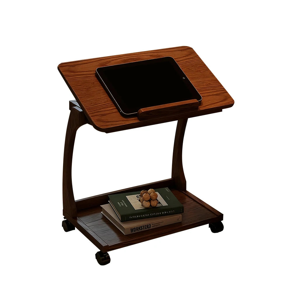 LIVARA 40cm Flip-Top C-Shaped Side Table, Solid Rubberwood Frame, Adjustable Angles, Multi-Tier Storage, Lockable Wheels, iPad & Laptop Holder - Brown