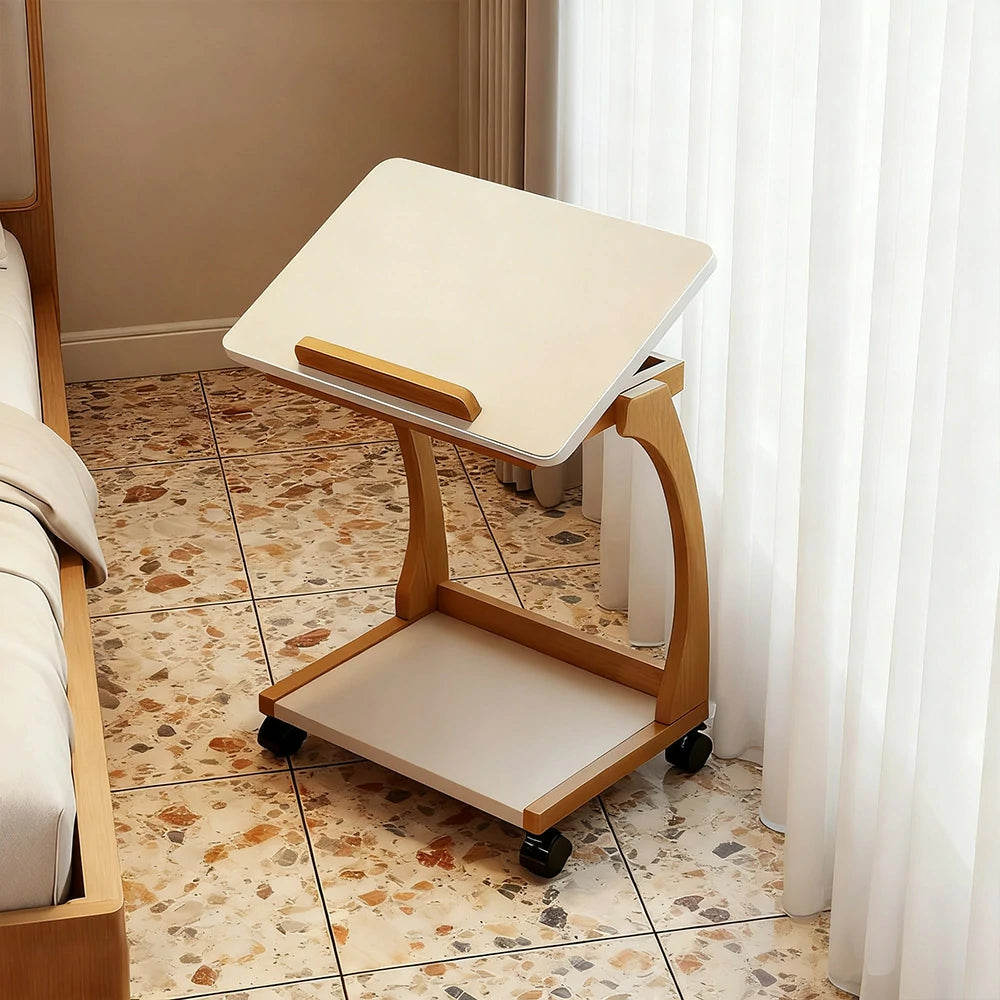 LIVARA 40cm Flip-Top C-Shaped Side Table, Solid Rubberwood Frame, Adjustable Angles, Multi-Tier Storage, Lockable Wheels, iPad & Laptop Holder - Walnut