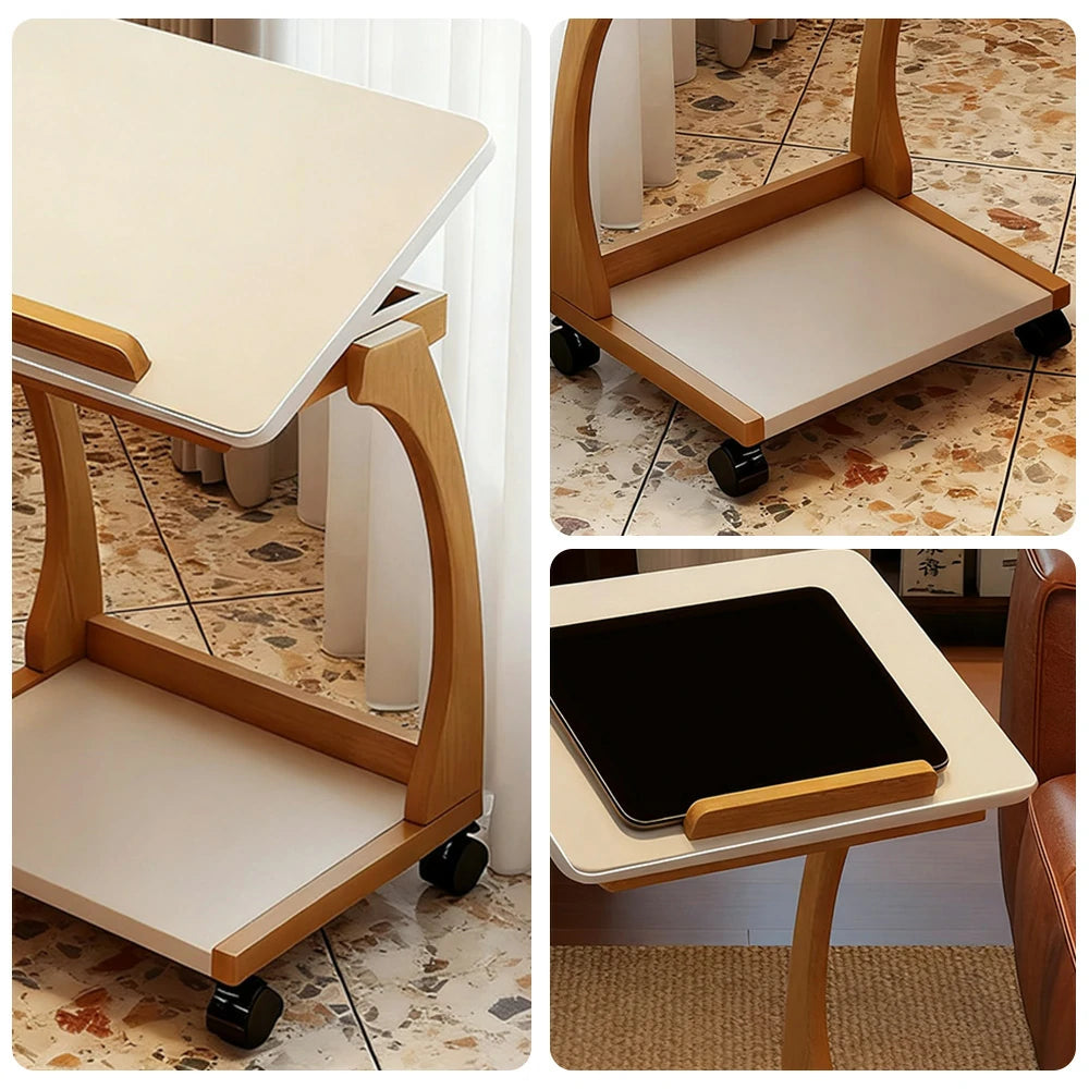 LIVARA 40cm Flip-Top C-Shaped Side Table, Solid Rubberwood Frame, Adjustable Angles, Multi-Tier Storage, Lockable Wheels, iPad & Laptop Holder - Walnut