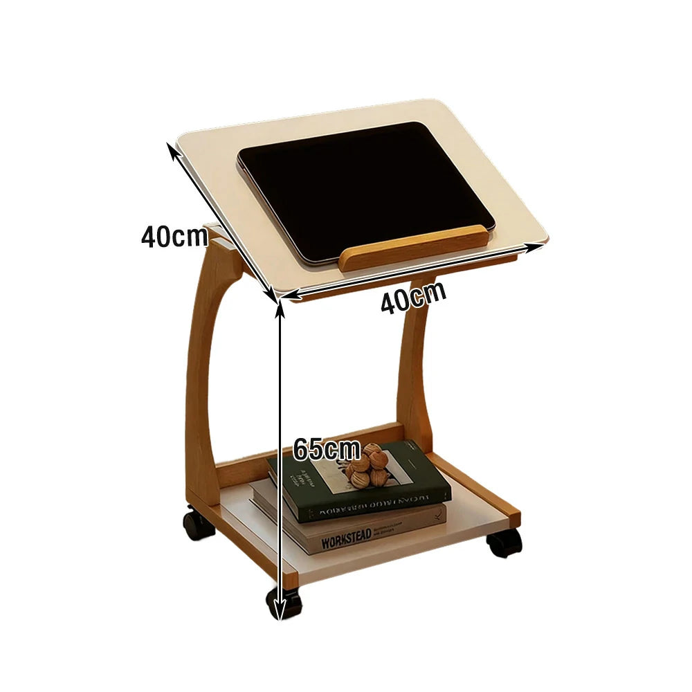 LIVARA 40cm Flip-Top C-Shaped Side Table, Solid Rubberwood Frame, Adjustable Angles, Multi-Tier Storage, Lockable Wheels, iPad & Laptop Holder - Walnut