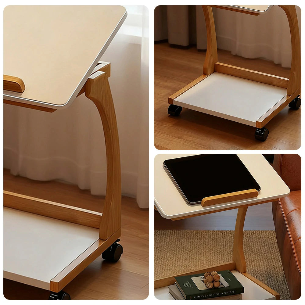 LIVARA 40cm Flip-Top C-Shaped Side Table, Solid Rubberwood Frame, Adjustable Angles, Multi-Tier Storage, Lockable Wheels, iPad & Laptop Holder - Walnut