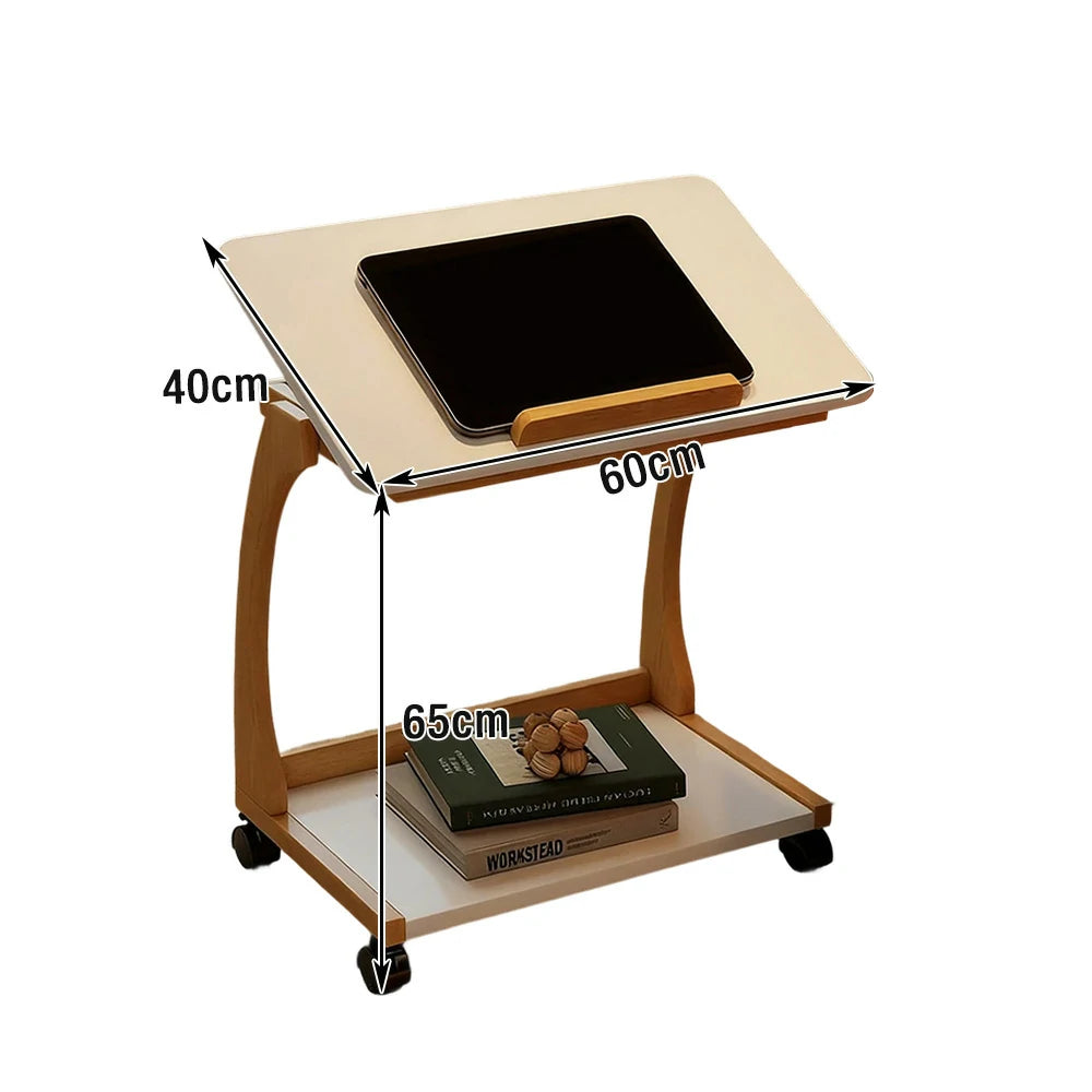 LIVARA 40cm Flip-Top C-Shaped Side Table, Solid Rubberwood Frame, Adjustable Angles, Multi-Tier Storage, Lockable Wheels, iPad & Laptop Holder - Walnut