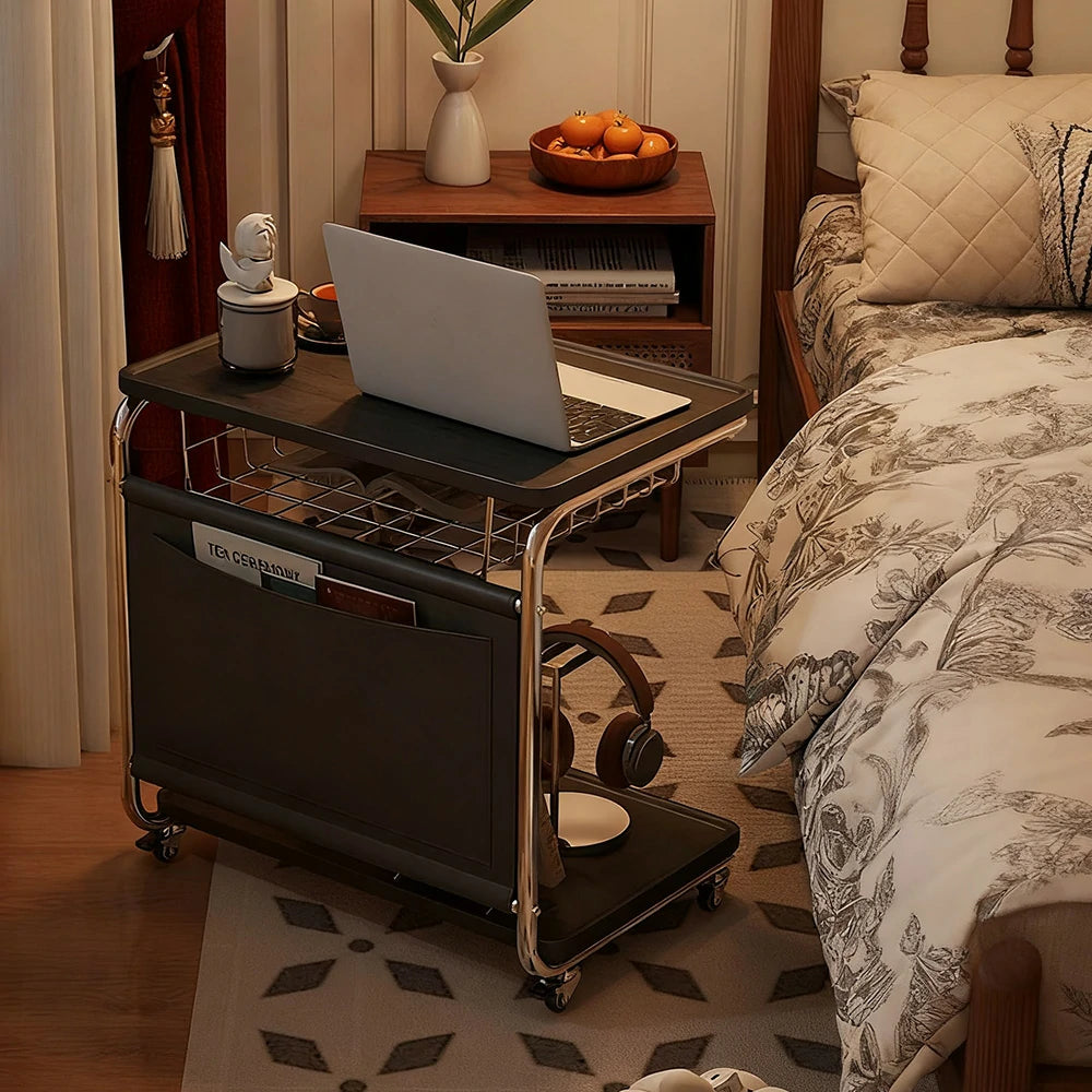 LIVARA 60cm Bedside Coffee Table, C-Shaped Computer Desk with Plated Metal Base & Wood Grain Top, Multi-Tier Storage, Side Pocket, Lockable Wheels - Black