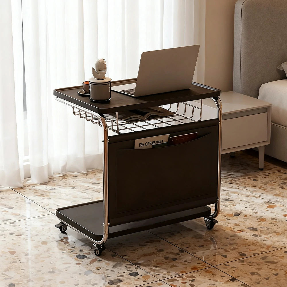 LIVARA 60cm Bedside Coffee Table, C-Shaped Computer Desk with Plated Metal Base & Wood Grain Top, Multi-Tier Storage, Side Pocket, Lockable Wheels - Black