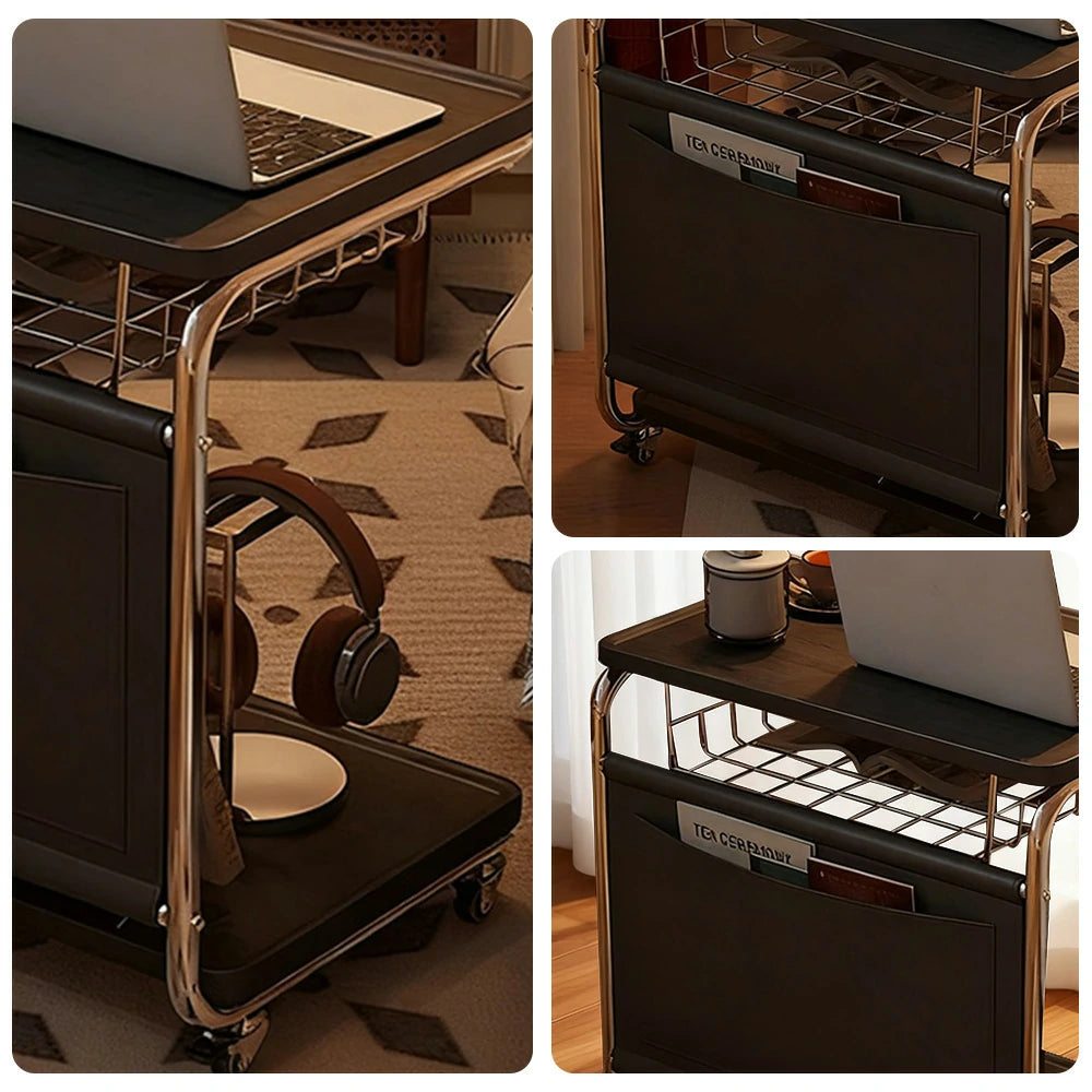 LIVARA 60cm Bedside Coffee Table, C-Shaped Computer Desk with Plated Metal Base & Wood Grain Top, Multi-Tier Storage, Side Pocket, Lockable Wheels - Black