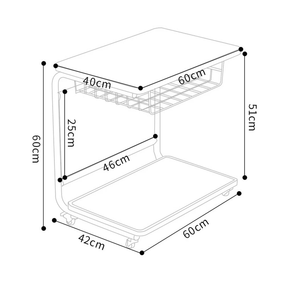 LIVARA 60cm Bedside Coffee Table, C-Shaped Computer Desk with Plated Metal Base & Wood Grain Top, Multi-Tier Storage, Side Pocket, Lockable Wheels - Black