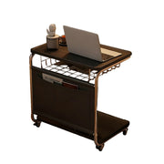 LIVARA 60cm Bedside Coffee Table, C-Shaped Computer Desk with Plated Metal Base & Wood Grain Top, Multi-Tier Storage, Side Pocket, Lockable Wheels - Black