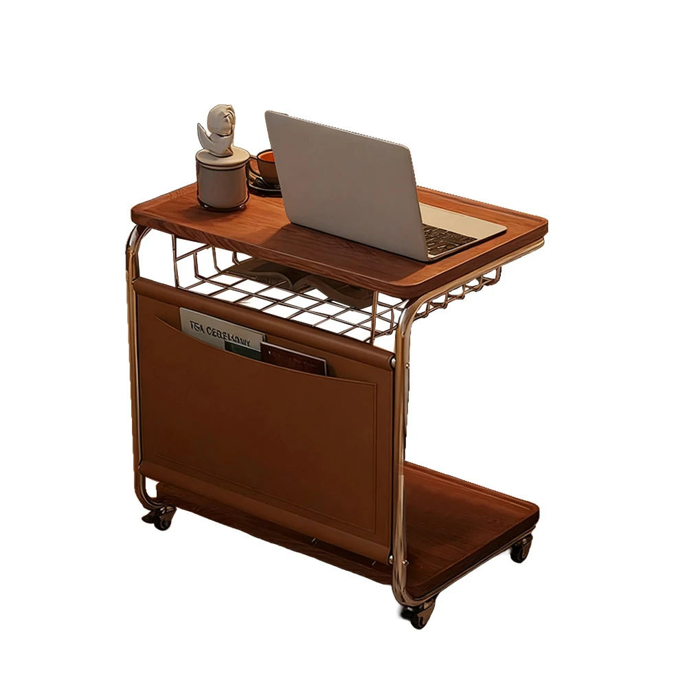 LIVARA 60cm Bedside Coffee Table, C-Shaped Computer Desk with Plated Metal Base & Wood Grain Top, Multi-Tier Storage, Side Pocket, Lockable Wheels - Brown