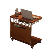 LIVARA 60cm Bedside Coffee Table, C-Shaped Computer Desk with Plated Metal Base & Wood Grain Top, Multi-Tier Storage, Side Pocket, Lockable Wheels - Brown