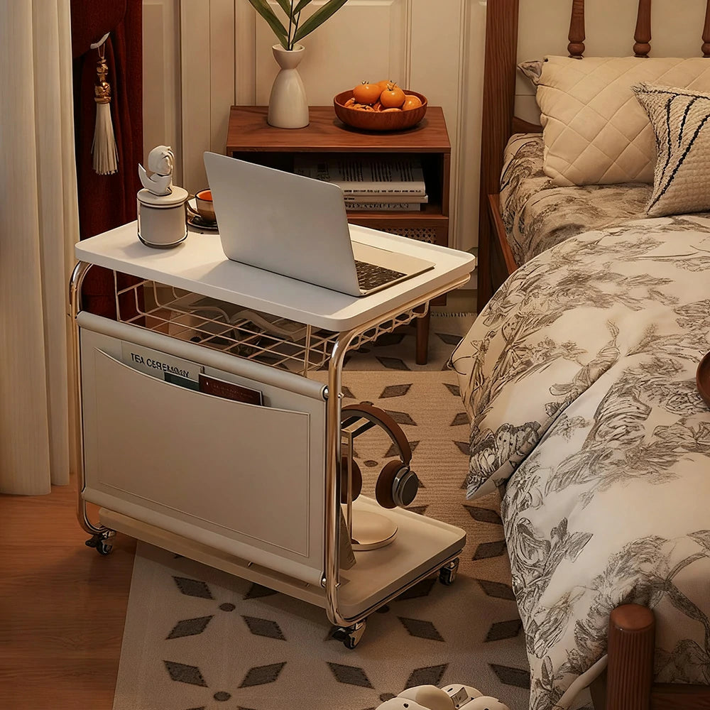 LIVARA 60cm Bedside Coffee Table, C-Shaped Computer Desk with Plated Metal Base & Wood Grain Top, Multi-Tier Storage, Side Pocket, Lockable Wheels - White