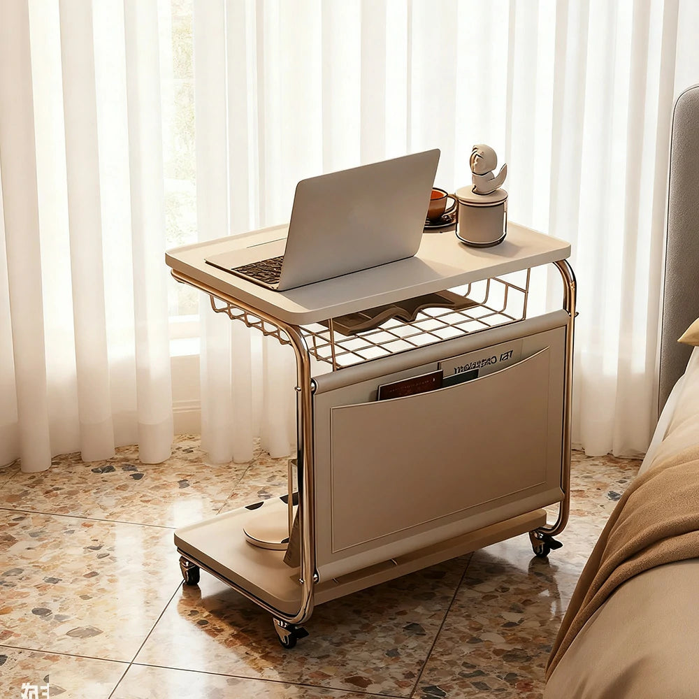 LIVARA 60cm Bedside Coffee Table, C-Shaped Computer Desk with Plated Metal Base & Wood Grain Top, Multi-Tier Storage, Side Pocket, Lockable Wheels - White