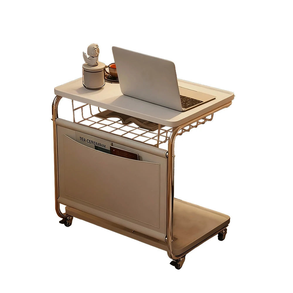 LIVARA 60cm Bedside Coffee Table, C-Shaped Computer Desk with Plated Metal Base & Wood Grain Top, Multi-Tier Storage, Side Pocket, Lockable Wheels - White